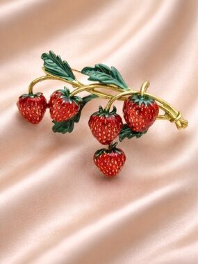 Red Strawberry Gold Green Branch Brooch